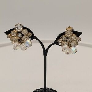Vintage 1950s Clear Rhinestone Cluster Clip On Earrings Silver Tone Juliana...